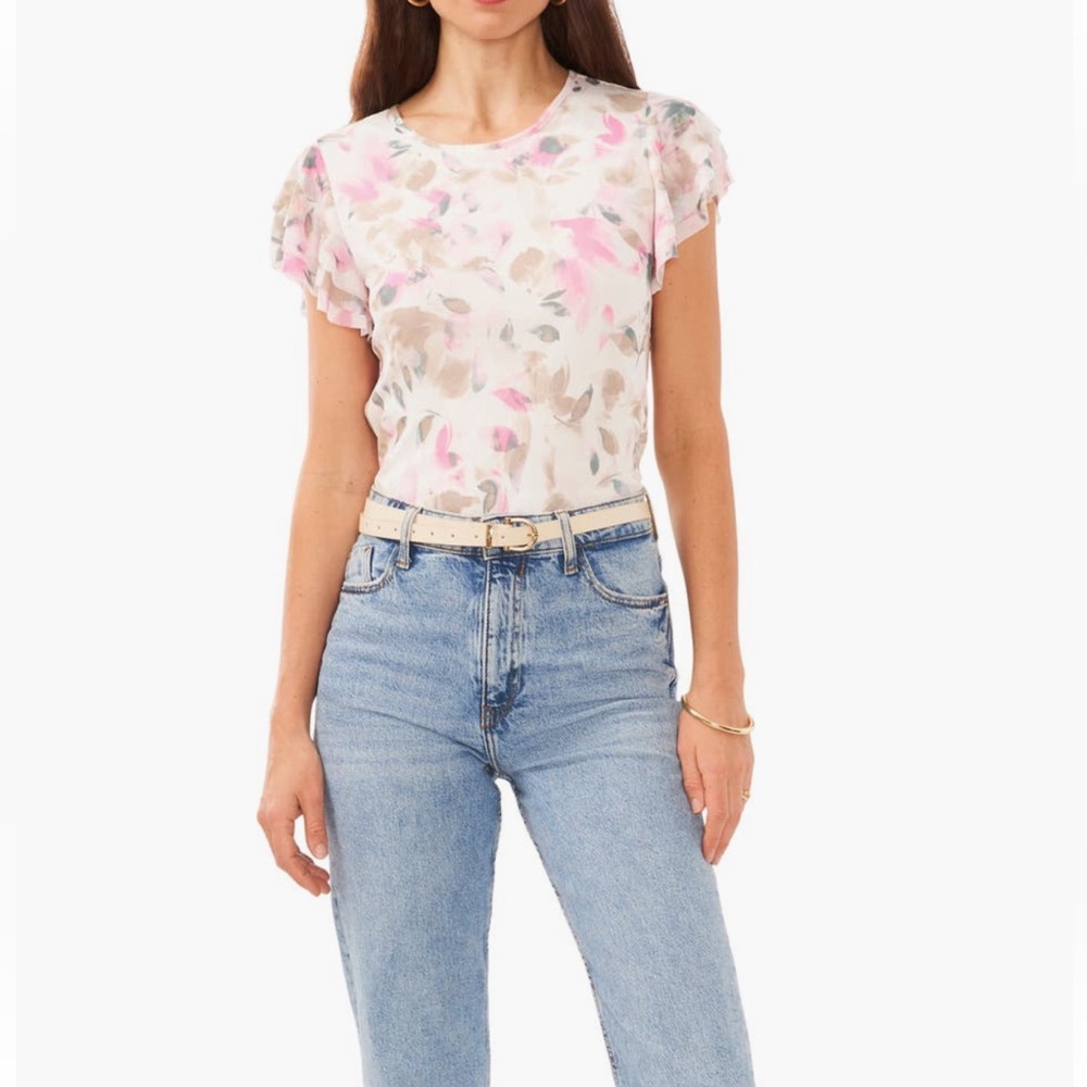 Vince Camuto.     Floral Ruffle Sleeve Mesh Top